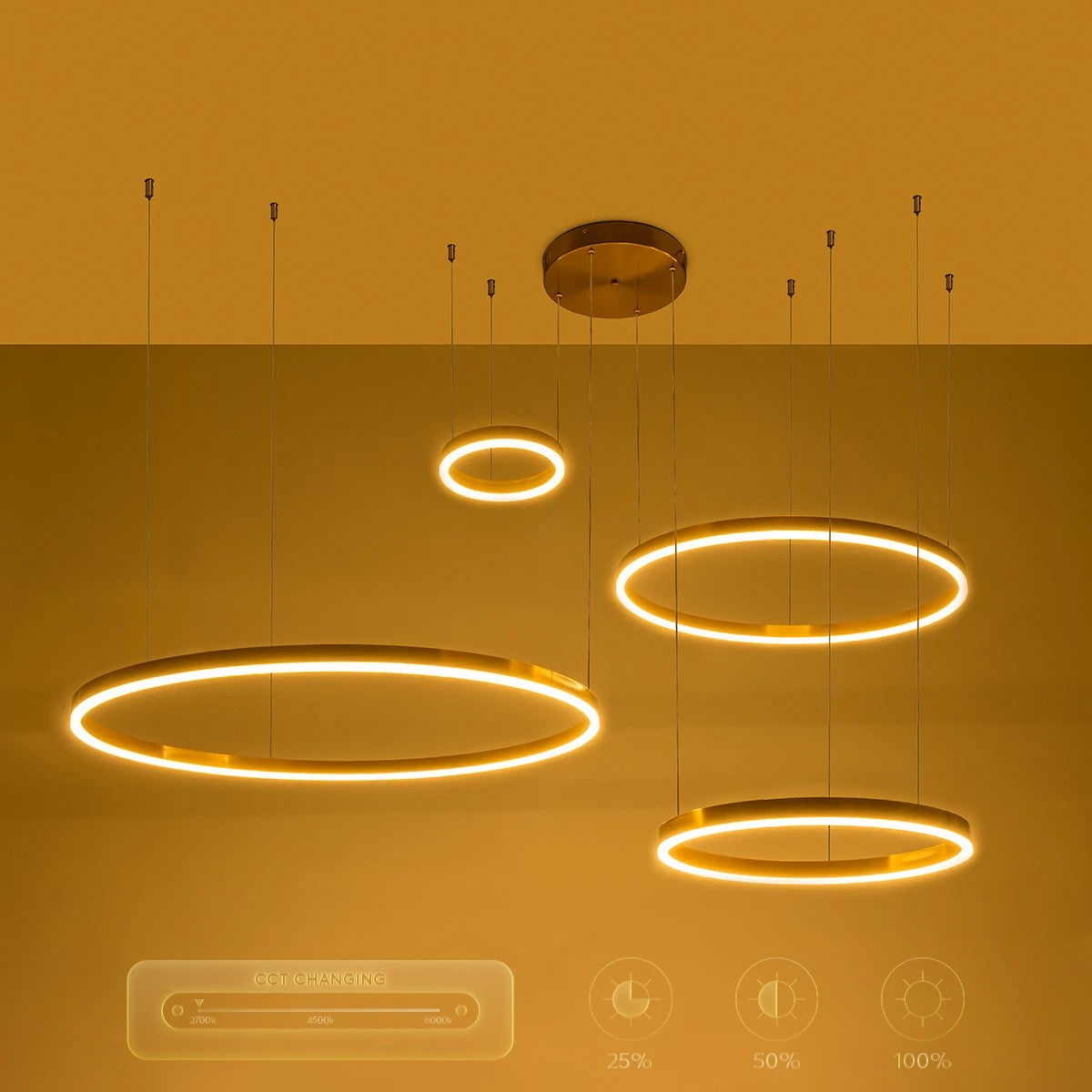 kelvo® VENOM KLV-101-0204 Κρεμαστό Φωτιστικό Οροφής LED 150W 15000lm 120° AC 220-240V IP20 Ρυθμιζόμενο Λευκό CCT με Χειριστήριο από 2700K έως 6000K Dimmable - Lumileds SMD Chip - Χρυσό Πλατίνα - Μ150 x Π90 x Υ60