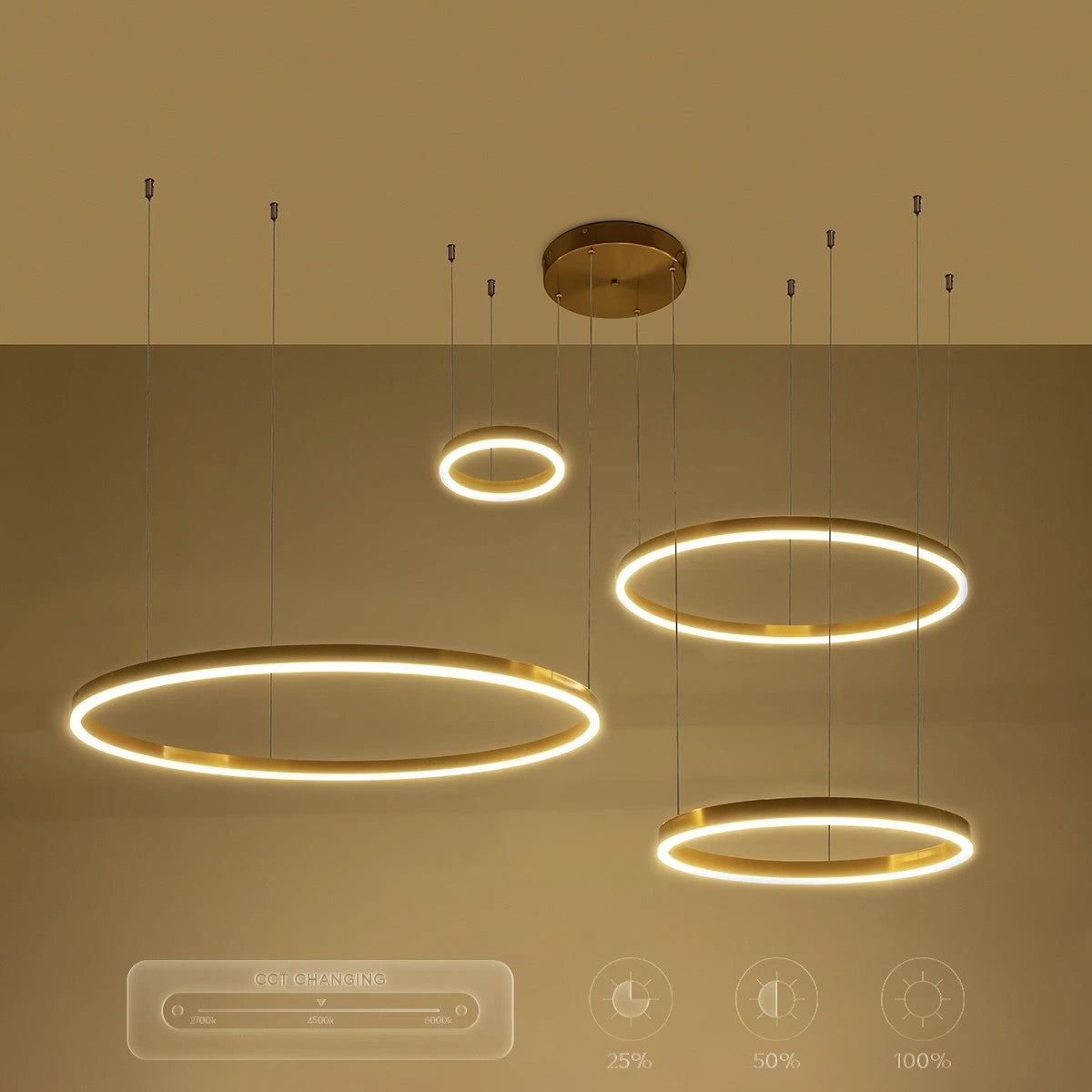 kelvo® VENOM KLV-101-0204 Κρεμαστό Φωτιστικό Οροφής LED 150W 15000lm 120° AC 220-240V IP20 Ρυθμιζόμενο Λευκό CCT με Χειριστήριο από 2700K έως 6000K Dimmable - Lumileds SMD Chip - Χρυσό Πλατίνα - Μ150 x Π90 x Υ60