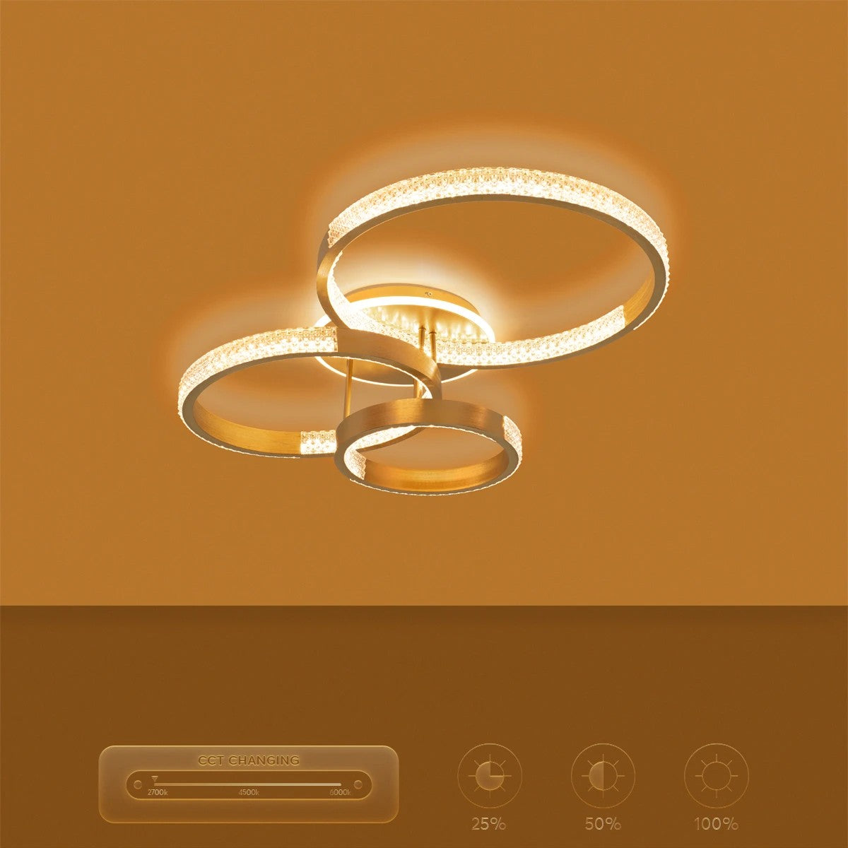 DIAMOND KLV-101-0228 Φωτιστικό Οροφής LED 100W 10000lm 360° AC 220-240V IP20 Ρυθμιζόμενο Λευκό CCT με Χειριστήριο από 2700K έως 6000K Dimmable - Lumileds SMD Chip - Χρυσό Πλατίνα - Μ80 x Π50 x Υ20