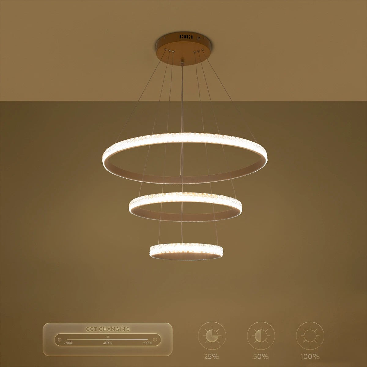 DIAMOND KLV-101-0238 Κρεμαστό Φωτιστικό Οροφής LED 100W 10000lm 180° AC 220-240V IP20 Ρυθμιζόμενο Λευκό CCT με Χειριστήριο από 2700K έως 6000K Dimmable - Lumileds SMD Chip - Χρυσό Πλατίνα - Μ60 x Π60 x Υ60