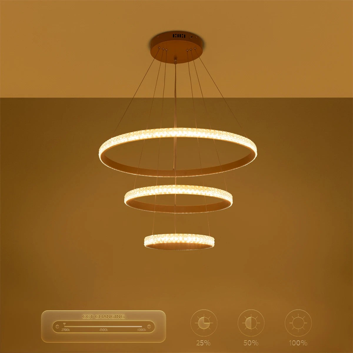 DIAMOND KLV-101-0238-V2 Κρεμαστό Φωτιστικό Οροφής LED 100W 10000lm 180° AC 220-240V IP20 Ρυθμιζόμενο Λευκό CCT με Χειριστήριο από 2700K έως 6000K Dimmable - Lumileds SMD Chip - Χρυσό Πλατίνα - Μ60 x Π60 x Υ60