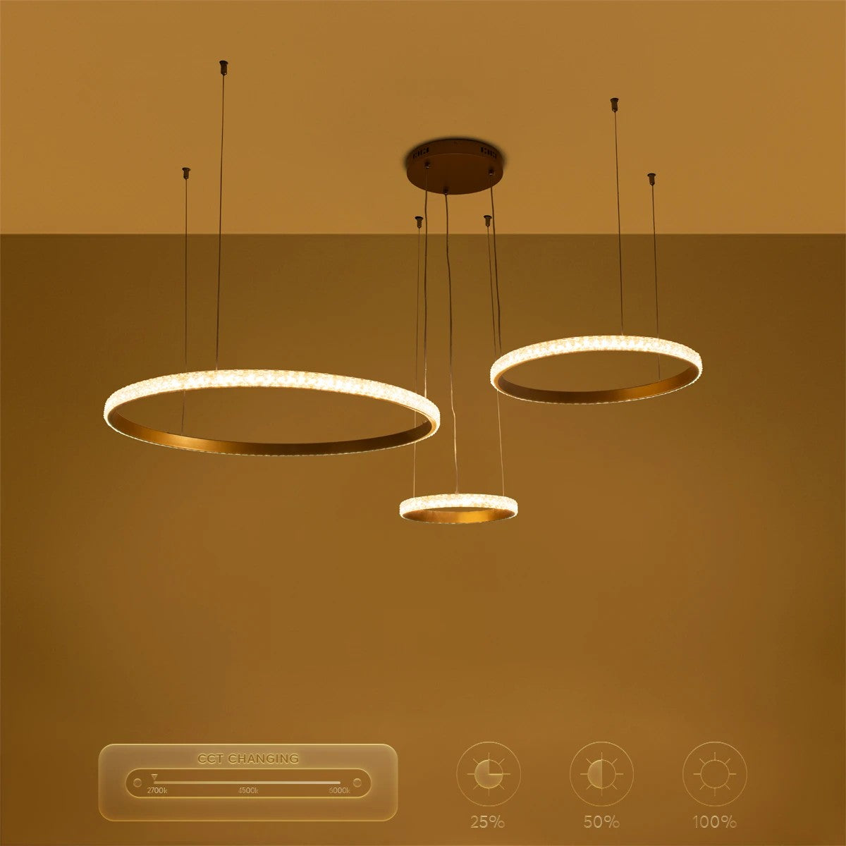 DIAMOND KLV-101-0244 Κρεμαστό Φωτιστικό Οροφής LED 100W 10000lm 180° AC 220-240V IP20 Ρυθμιζόμενο Λευκό CCT με Χειριστήριο από 2700K έως 6000K Dimmable - Lumileds SMD Chip - Χρυσό Πλατίνα - Μ110 x Π110 x Υ60