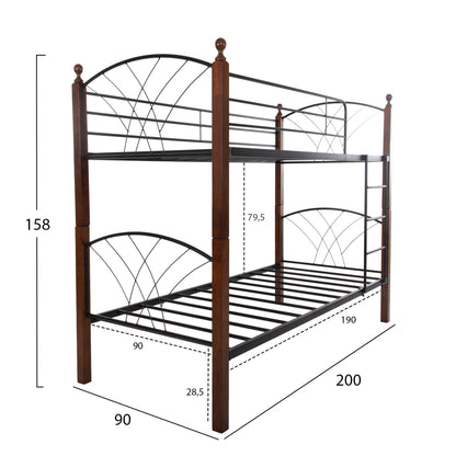 BUNK BED STOREY BLACK METAL WALNUT RUBBERWOOD FOR 190x90cm MATTRESS