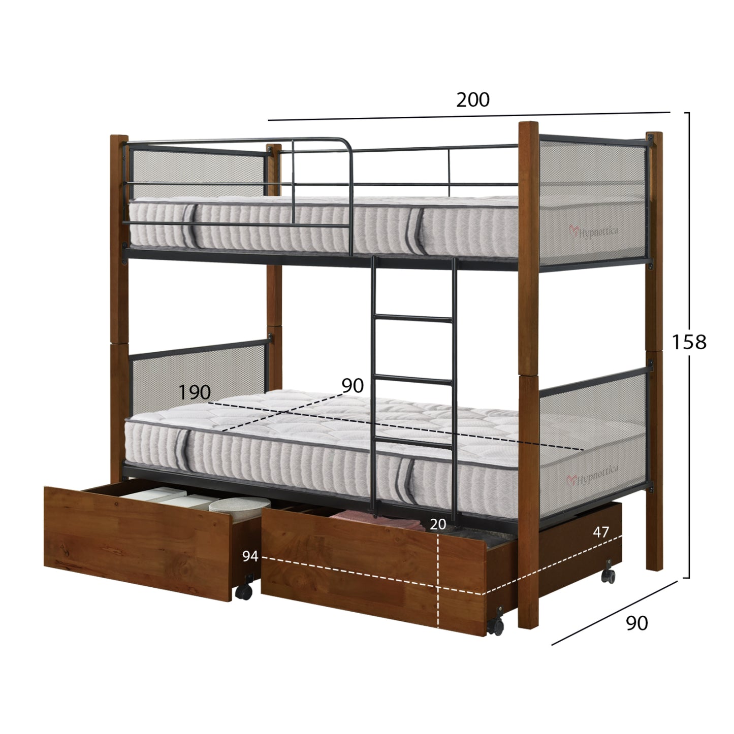 BUNK BED WITH 2 DRAWERS & 2 MATTRESSES 90X190cm RAYVEN WALNUT WOOD AND METAL