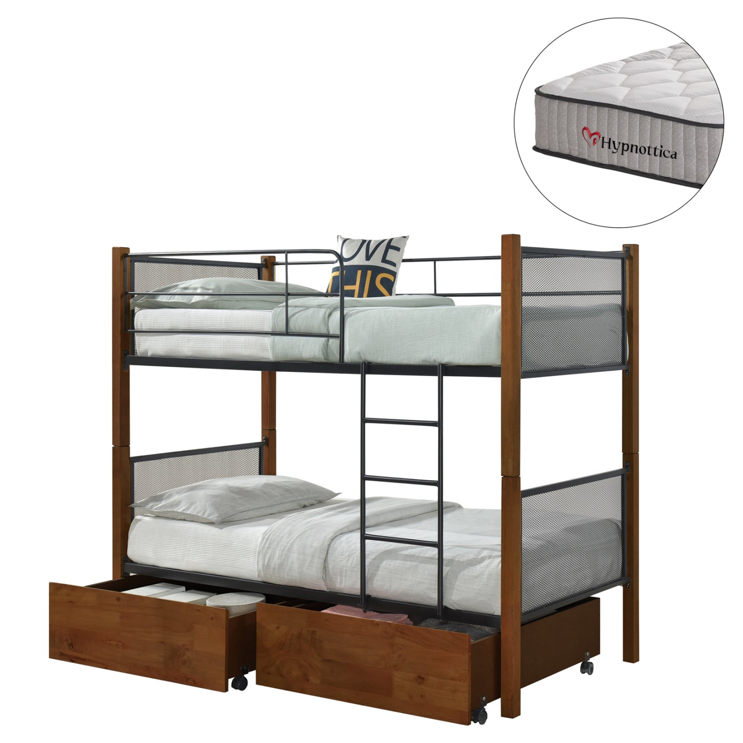 BUNK BED WITH 2 DRAWERS & 2 MATTRESSES 90X190cm RAYVEN WALNUT WOOD AND METAL