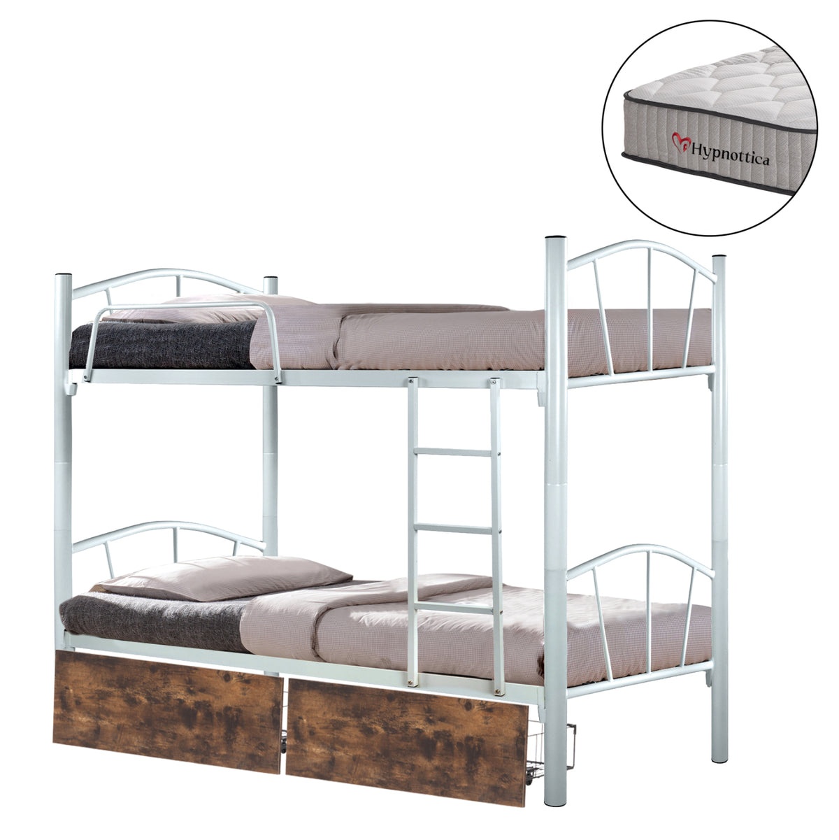 BUNK BED WITH 2 DRAWERS BROWN & 90X190cm MATTRESSES FLOOR WHITE METAL