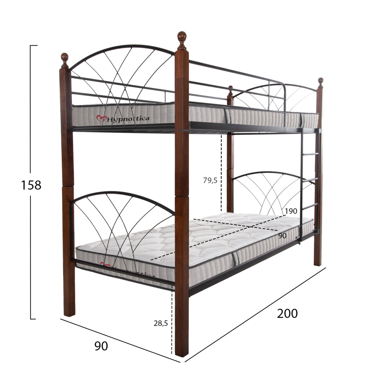 BUNK BED WITH MATTRESSES STOREY METAL & RUBBERWOOD WOOD MATTRESSES 90x190cm