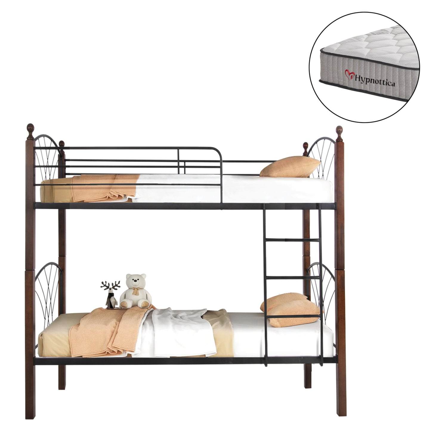 BUNK BED WITH MATTRESSES STOREY METAL & RUBBERWOOD WOOD MATTRESSES 90x190cm