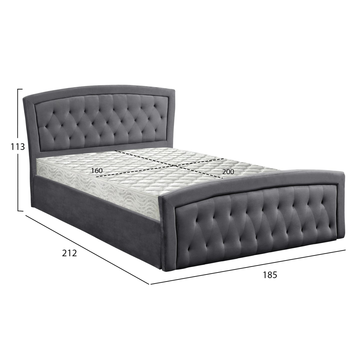DOUBLE BED WITH MATTRESS & STORAGE SPACE ODELIA GREY VELVET FOR 160x200cm