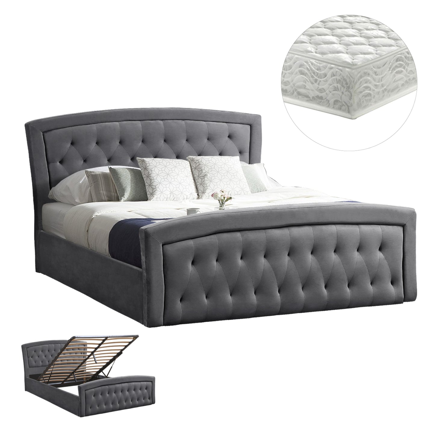 DOUBLE BED WITH MATTRESS & STORAGE SPACE ODELIA GREY VELVET FOR 160x200cm
