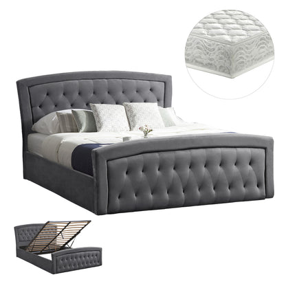 DOUBLE BED WITH MATTRESS & STORAGE SPACE ODELIA GREY VELVET FOR 160x200cm