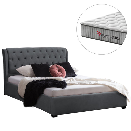 DOUBLE BED WITH MATTRESS ODALYS GREY VELVET FOR MATTRESS 150x200cm