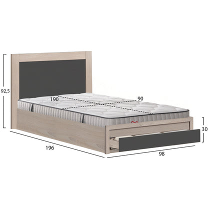 BED WITH DRAWER & MATTRESS MELANY MELAMINE SONOMA/GREY FOR 90x190cm