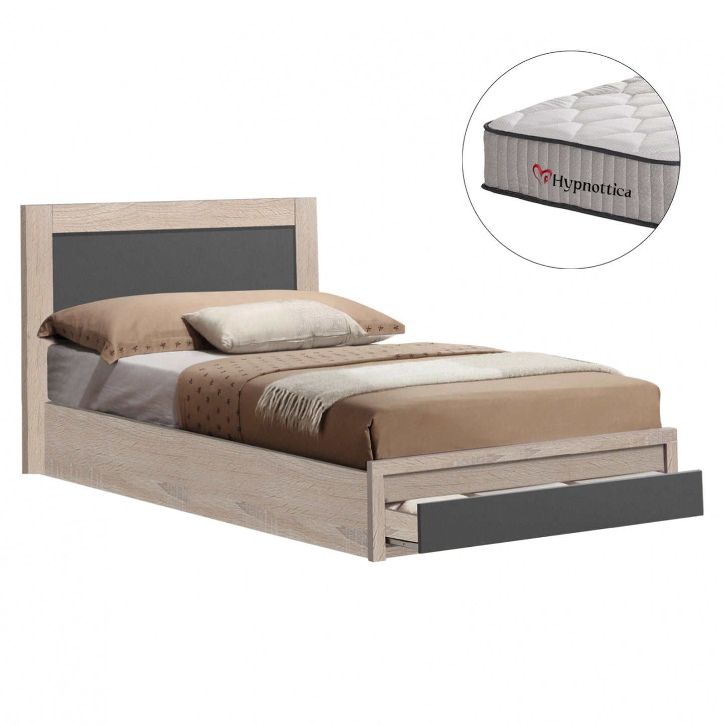 BED WITH DRAWER & MATTRESS MELANY MELAMINE SONOMA/GREY FOR 90x190cm