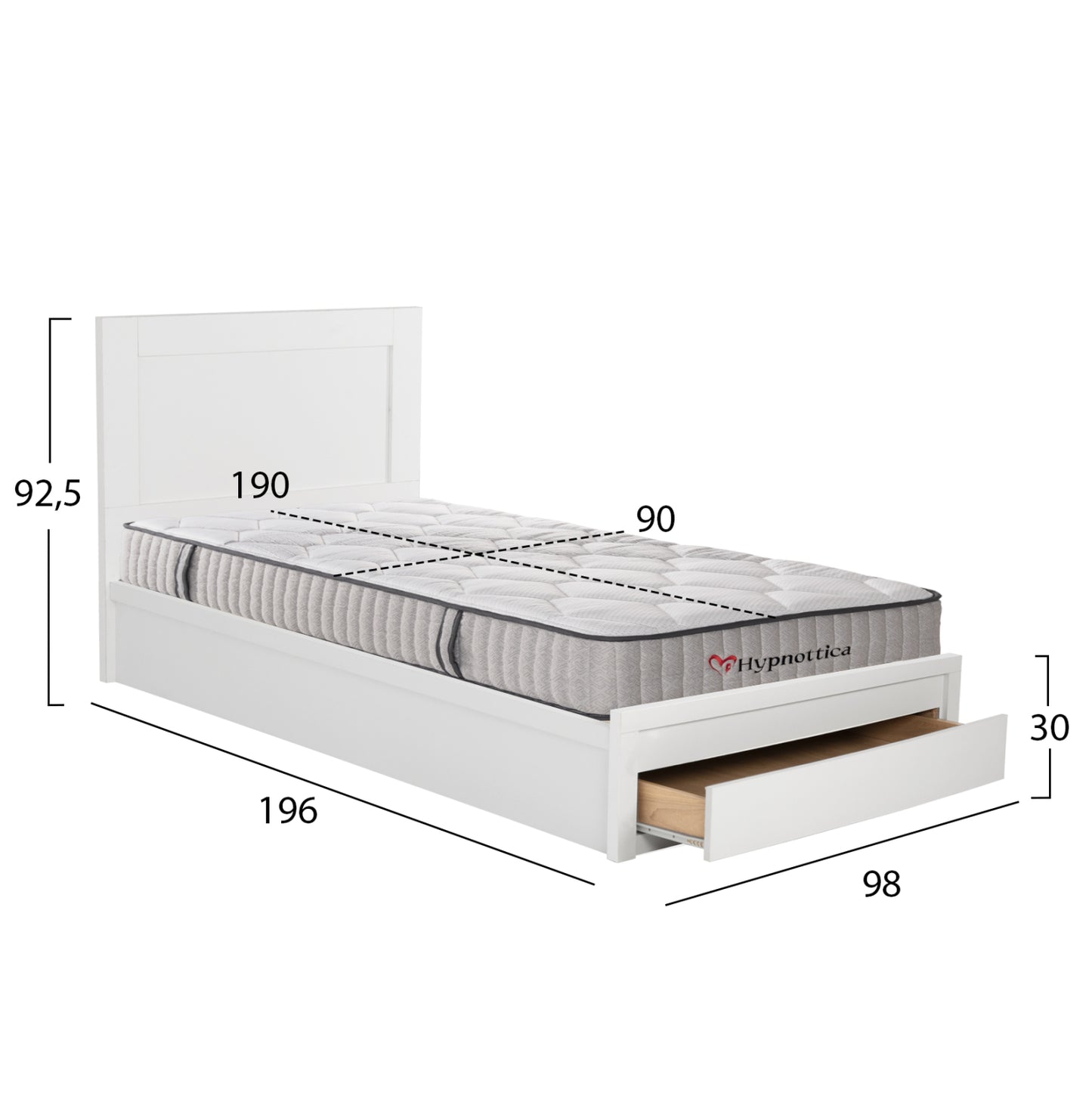 SINGLE BED WITH DRAWER & MELANY MATTRESS WHITE MELAMINE FOR 90x190cm