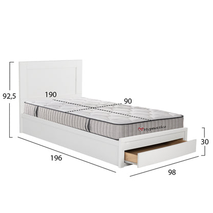 SINGLE BED WITH DRAWER & MELANY MATTRESS WHITE MELAMINE FOR 90x190cm