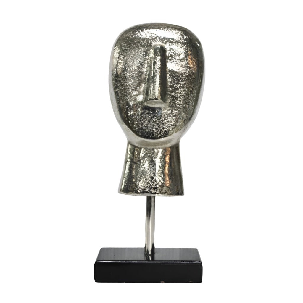 Επιτραπέζιο Μεταλλικό Διακοσμητικό Ασημί Πρόσωπο σε Ξύλινη Βάση 13x6.5x30.5