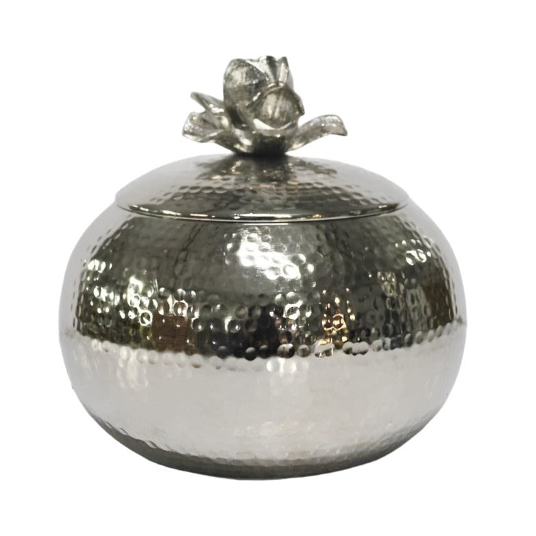 Μεταλλική Ασημί Φοντανιέρα με Διακοσμητικό Καπάκι Λουλούδι 16.5x16.5x15