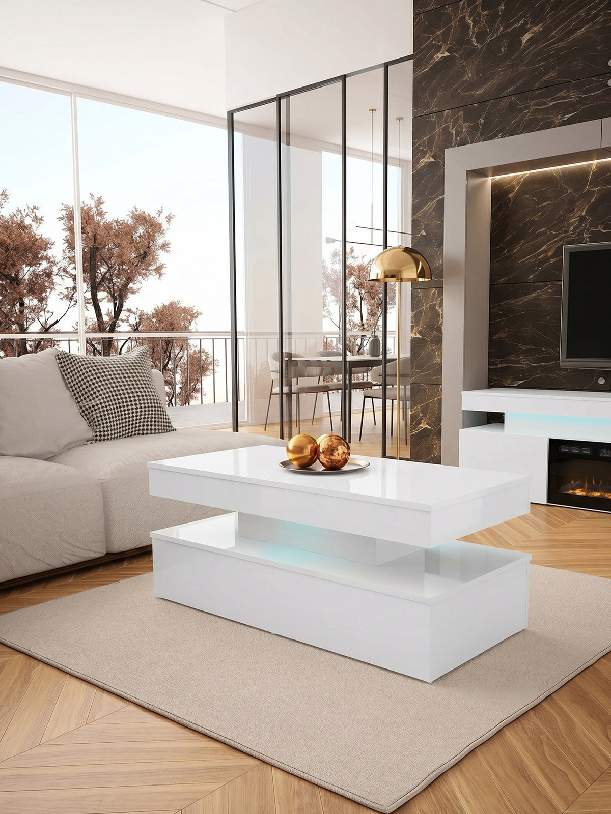 Τραπεζάκι Σαλονιού Glossa 2D με LED Λευκό-Λευκό Γυαλιστερό 120x55x49.6