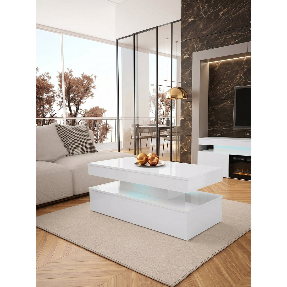 Τραπεζάκι Σαλονιού Glossa 2D με LED Λευκό-Λευκό Γυαλιστερό 120x55x49.6