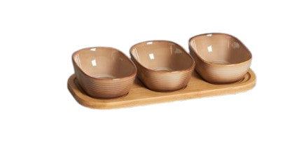 Οβάλ Ορντεβιέρα Πορσελάνης 3 Θέσεων Mπεζ/Καφέ με Ξύλινη Βάση Bamboo 15.5εκ