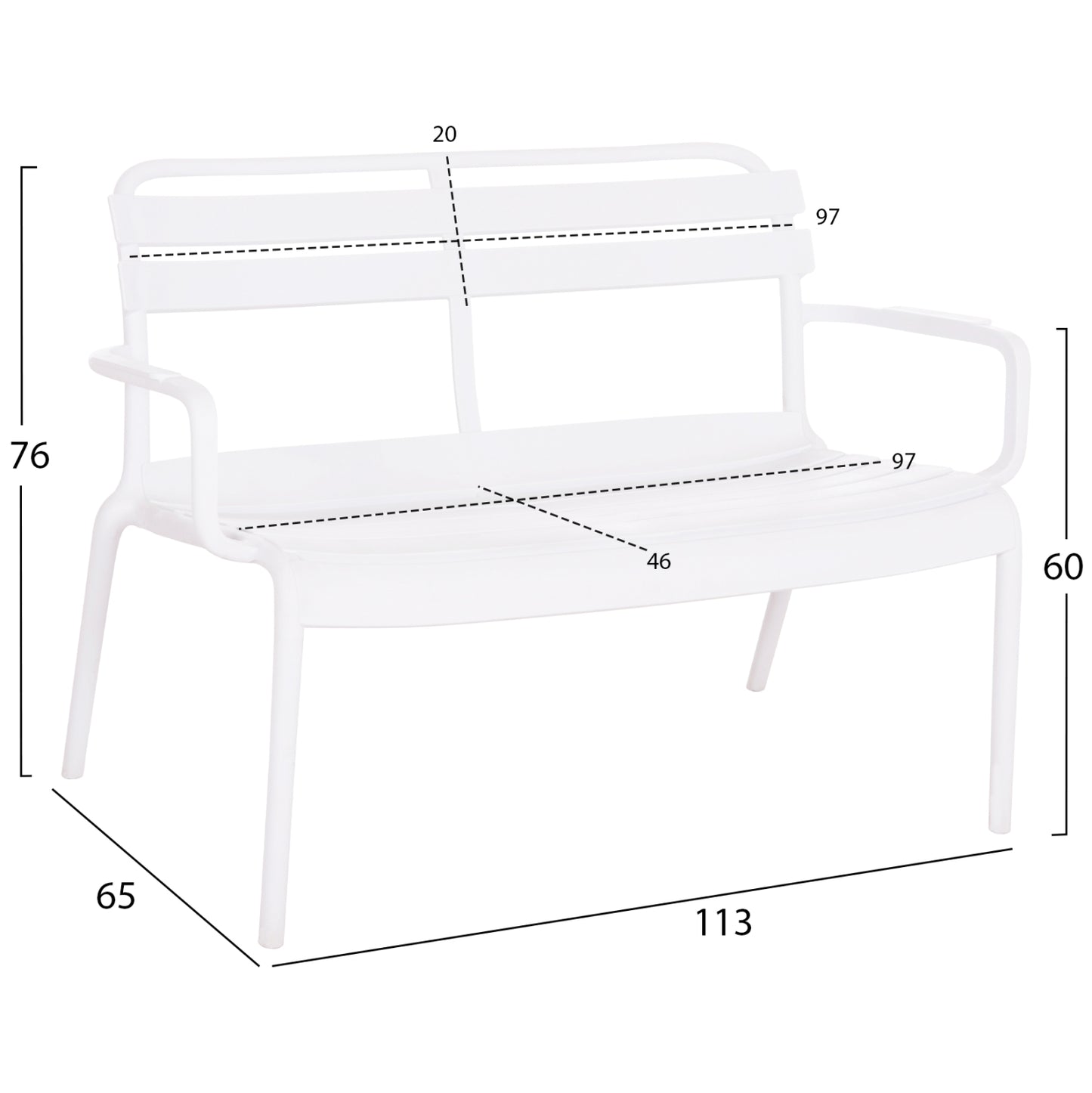 POLYPROPYLENE BENCH 2-SEATER KORVER WHITE 113x65x76