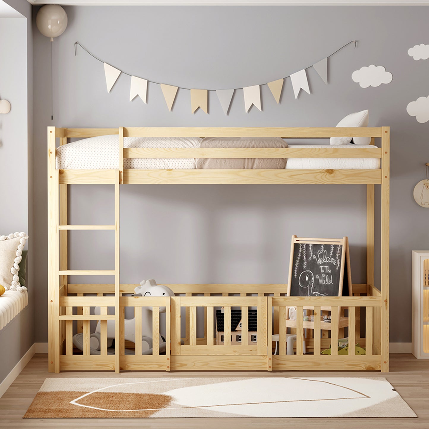 ΠΑΙΔΙΚΗ ΚΟΥΚΕΤΑ τ.MONTESSORI ΜΕ ΠΑΡΚΑΚΙ PLAYKID ΞΥΛΟ ΠΕΥΚΟΥ ΦΥΣΙΚΟ ΓΙΑ 190x90εκ