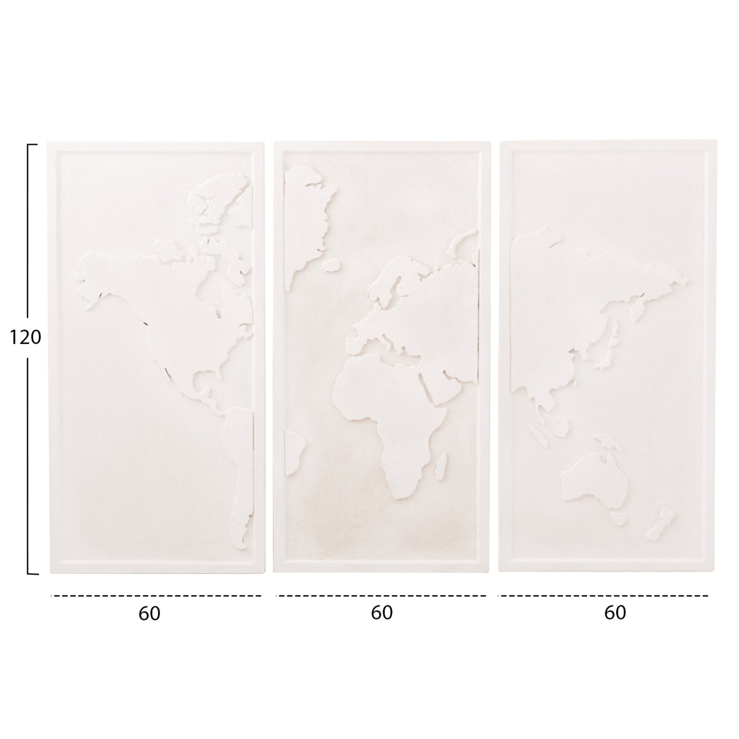 3-PANEL WORLD MAP SANTORINI MDF BOARD IN OFF-WHITE 180x4x120