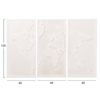 3-PANEL WORLD MAP SANTORINI MDF BOARD IN OFF-WHITE 180x4x120