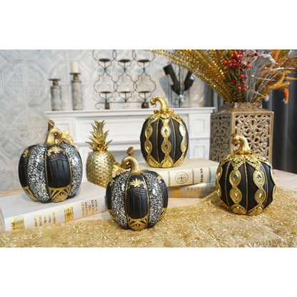 Διακοσμητική Πολυεστερική Κολοκύθα Μαύρη-Χρυσή-Ασημί 16x16x21