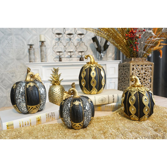 Διακοσμητική Πολυεστερική Κολοκύθα Μαύρη-Χρυσή-Ασημί 16x16x21