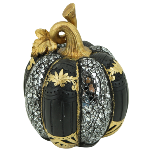 Διακοσμητική Πολυεστερική Κολοκύθα Μαύρη-Χρυσή-Ασημί 15x15x19