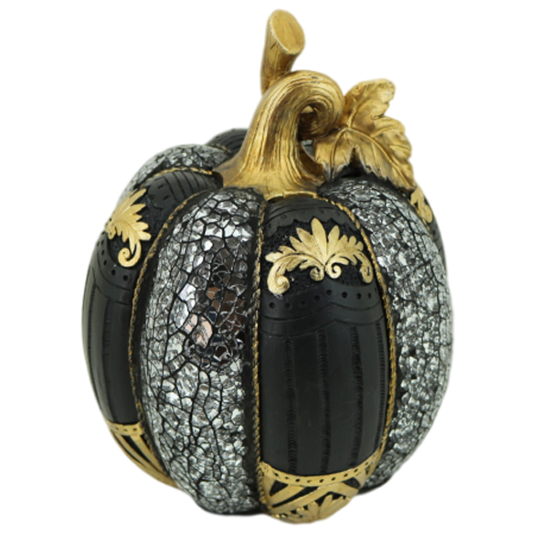 Διακοσμητική Πολυεστερική Κολοκύθα Μαύρη-Χρυσή-Ασημί 16x16x21