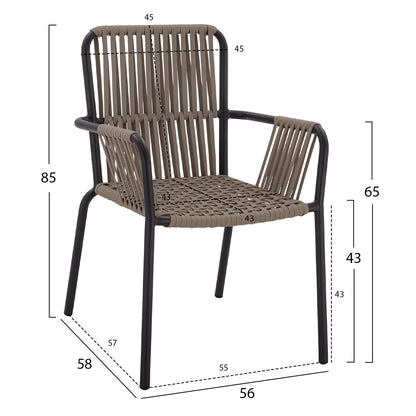 ANTHRACITE ALUMINUM ARMCHAIR WITH WIDE CAPPUCCINO ROPE 56x58x85