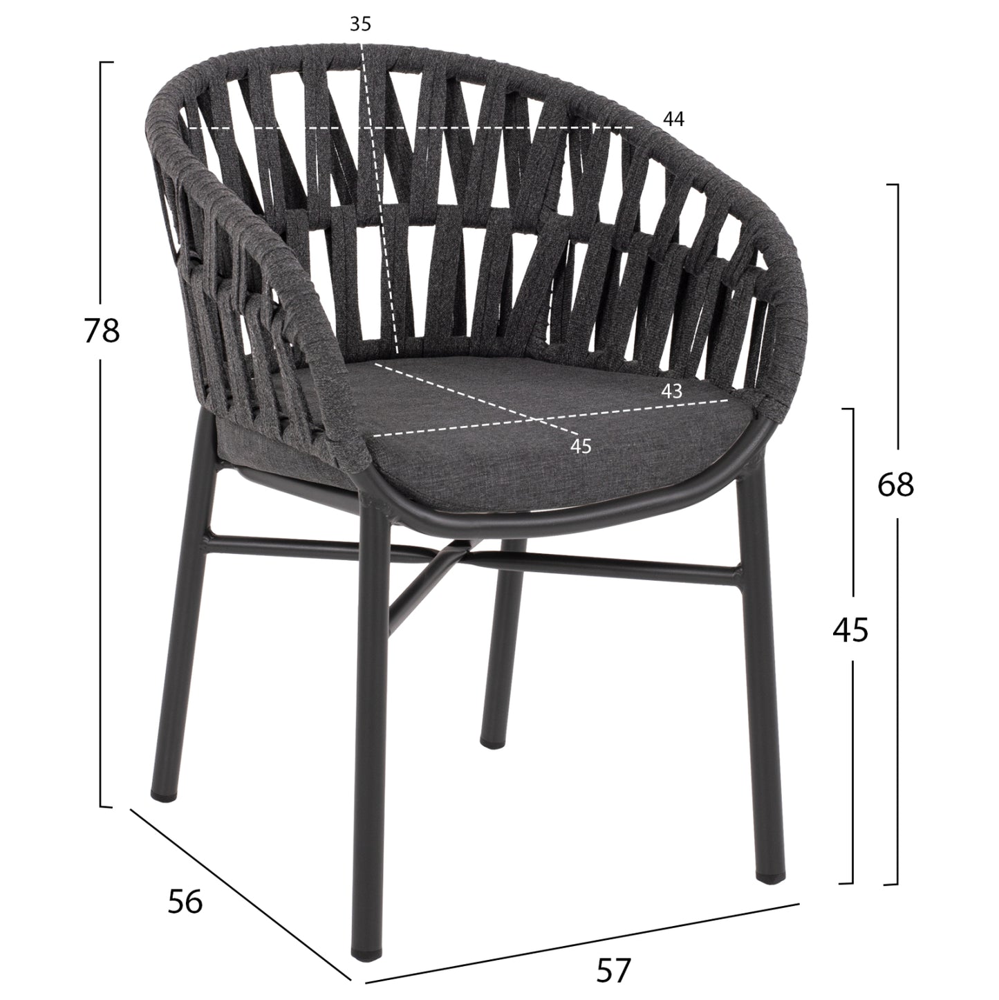 ALUMINIUM ARMCHAIR CHARCOAL WITH ROPE CHARCOAL 57x56x78