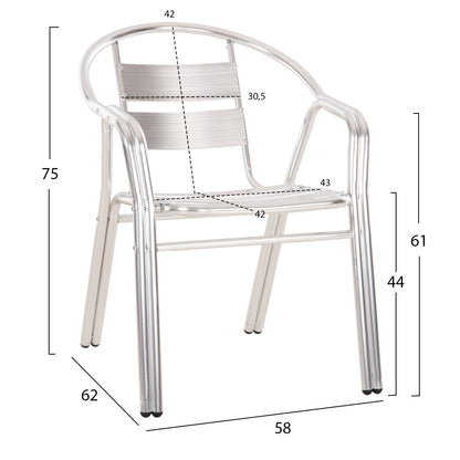 ARMCHAIR MORIS ALUMINUM IN SILVER DOUBLE FRAME WITH SLATS 58x62x75