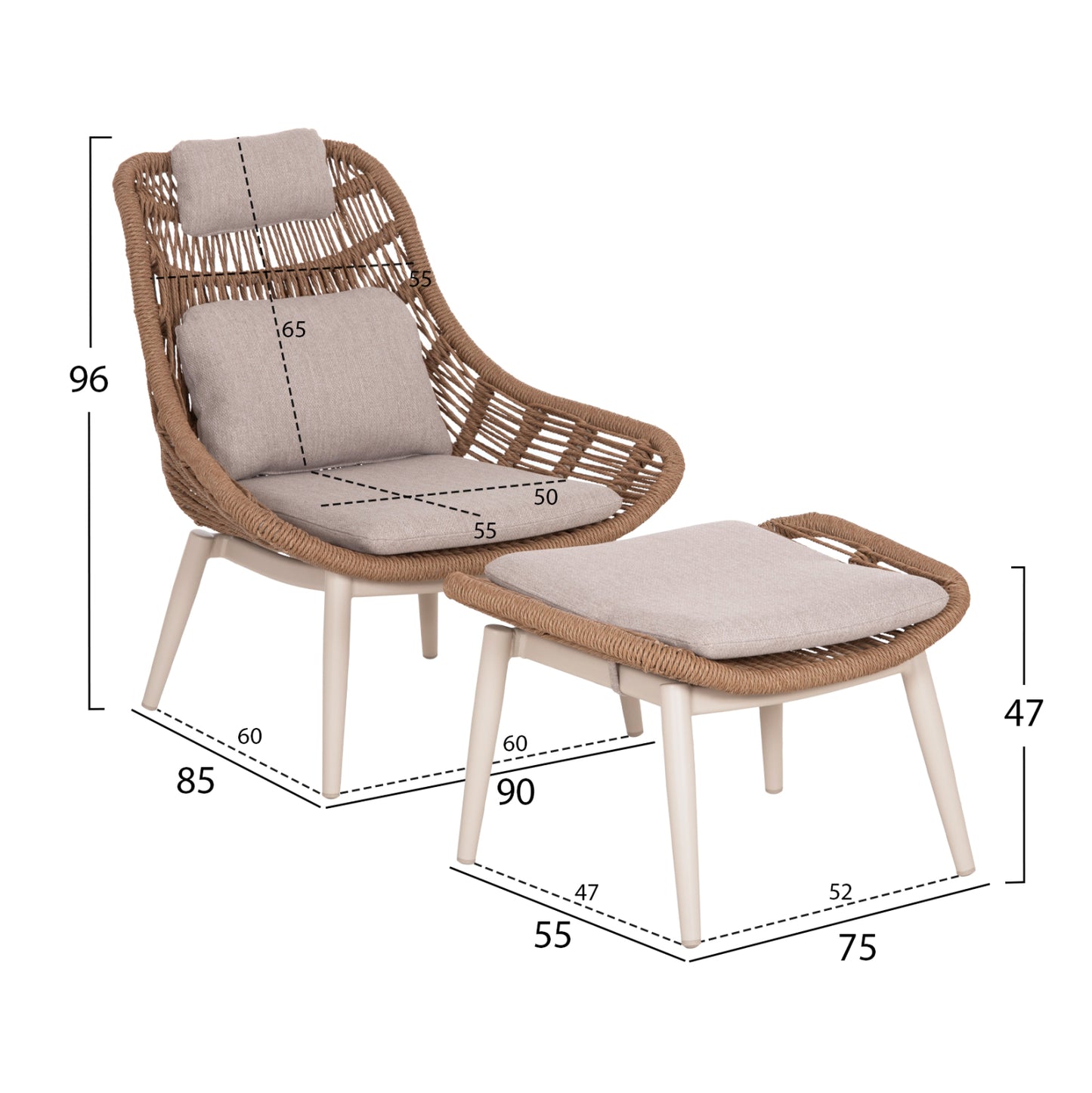 ΠΟΛΥΘΡΟΝΑ LOUNGE ΜΕ ΥΠΟΠΟΔΙΟ REMVAZZO ΑΛΟΥΜΙΝΙΟ ΜΠΕΖ-WICKER 90x85x96
