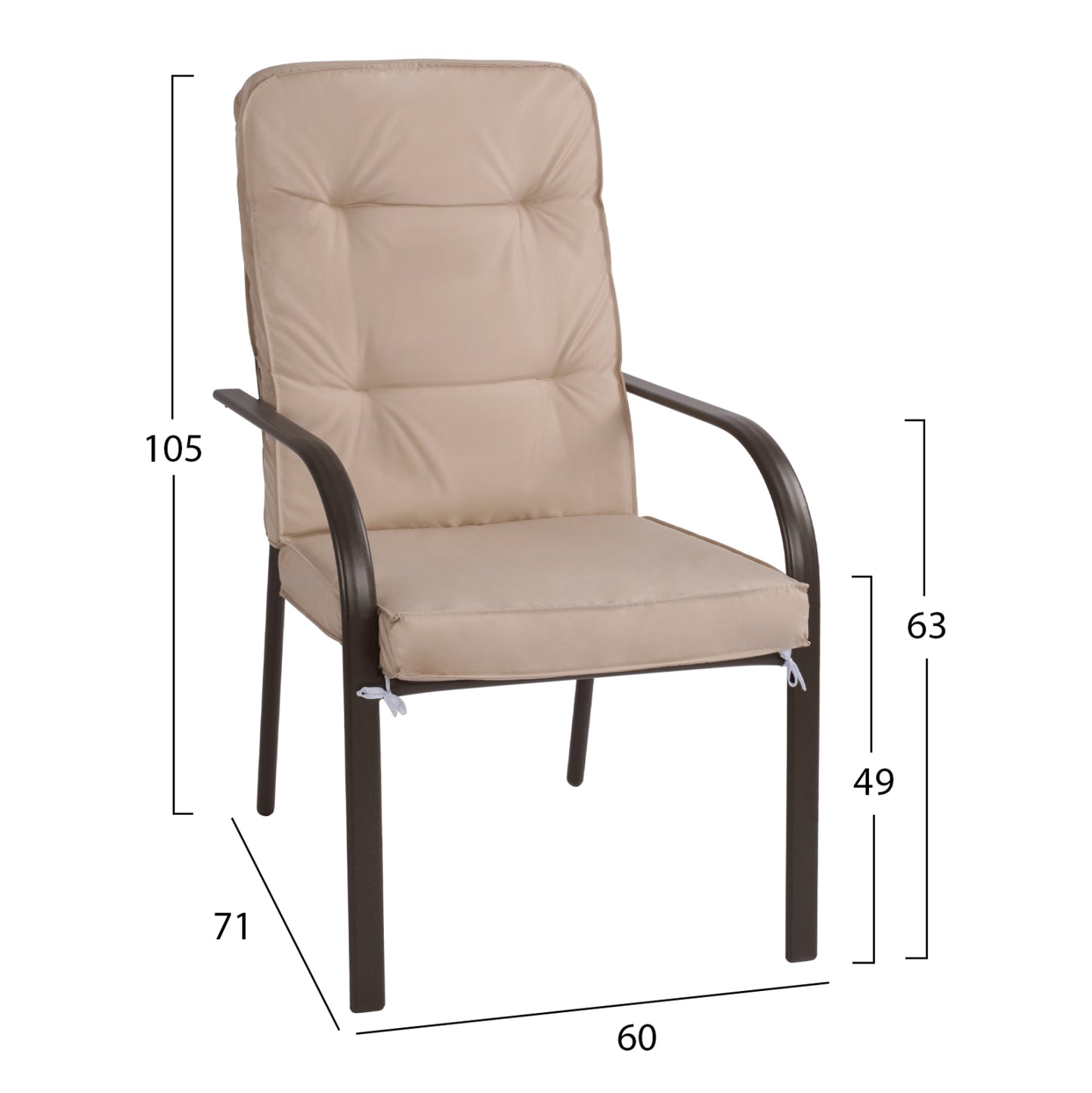 ENDIKA METAL ARMCHAIR IN BROWN WITH BEIGE CUSHION 60x71x105