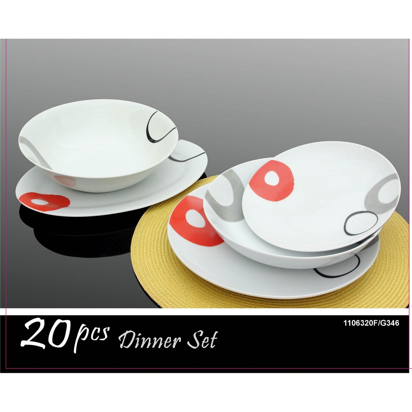 Σετ Κουπέ Πιάτα Φαγητού 20 Τμχ Πορσελάνη Κόκκινους/Γκρι & Μαύρους Κύκλους