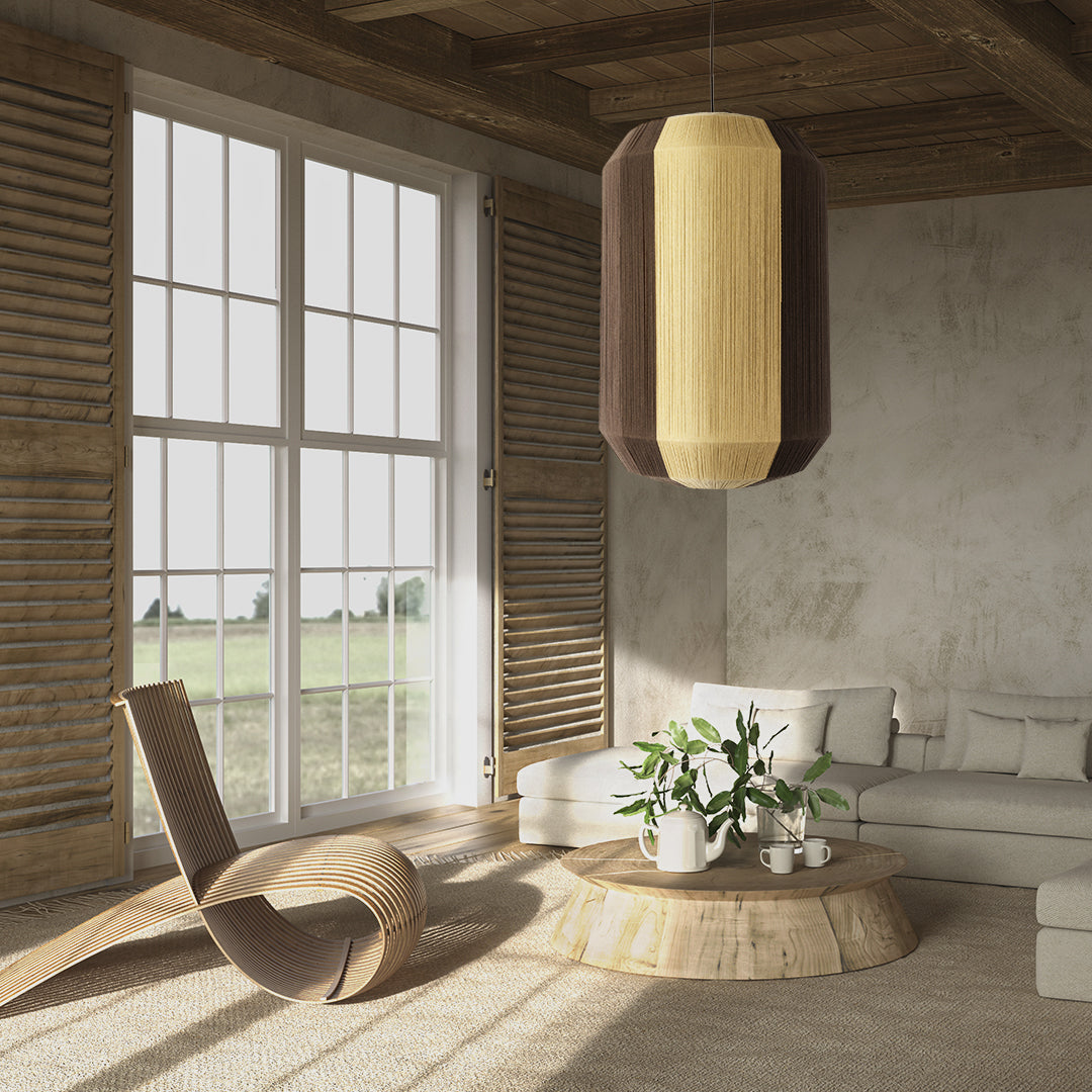 SALERNO 02076 Boho Κρεμαστό Φωτιστικό Οροφής Μονόφωτο 1 x E27 AC220-240V IP20 - Φ50 x Υ80cm - Μπεζ με Καφέ Λεπτό Νήμα Βαμβακερό Πλέγμα Καμπάνα