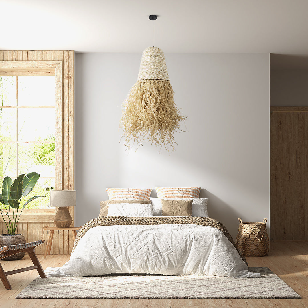 LETA 02189 Boho Κρεμαστό Φωτιστικό Οροφής Μονόφωτο 1 x E27 AC220-240V IP20 - Φ34 x Υ70cm - Μπεζ Φυσική Ράφια Νήμα Πλέγμα Καμπάνα