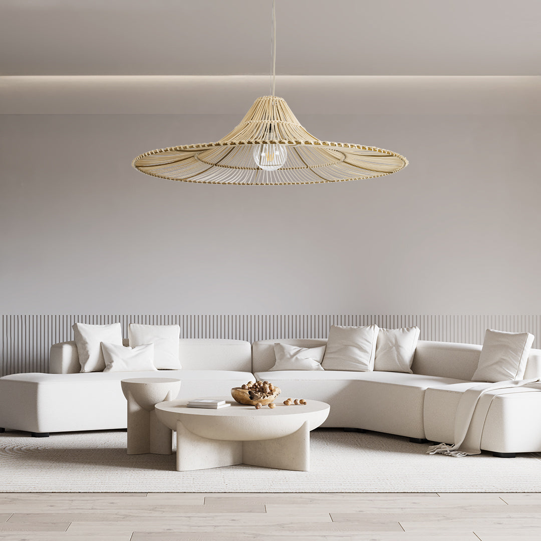 PALERMO 02209 Boho Κρεμαστό Φωτιστικό Οροφής Μονόφωτο 1 x E27 AC220-240V IP20 - Φ100 x Υ30cm - Μπεζ Ξύλινο Μπαμπού Πλέγμα