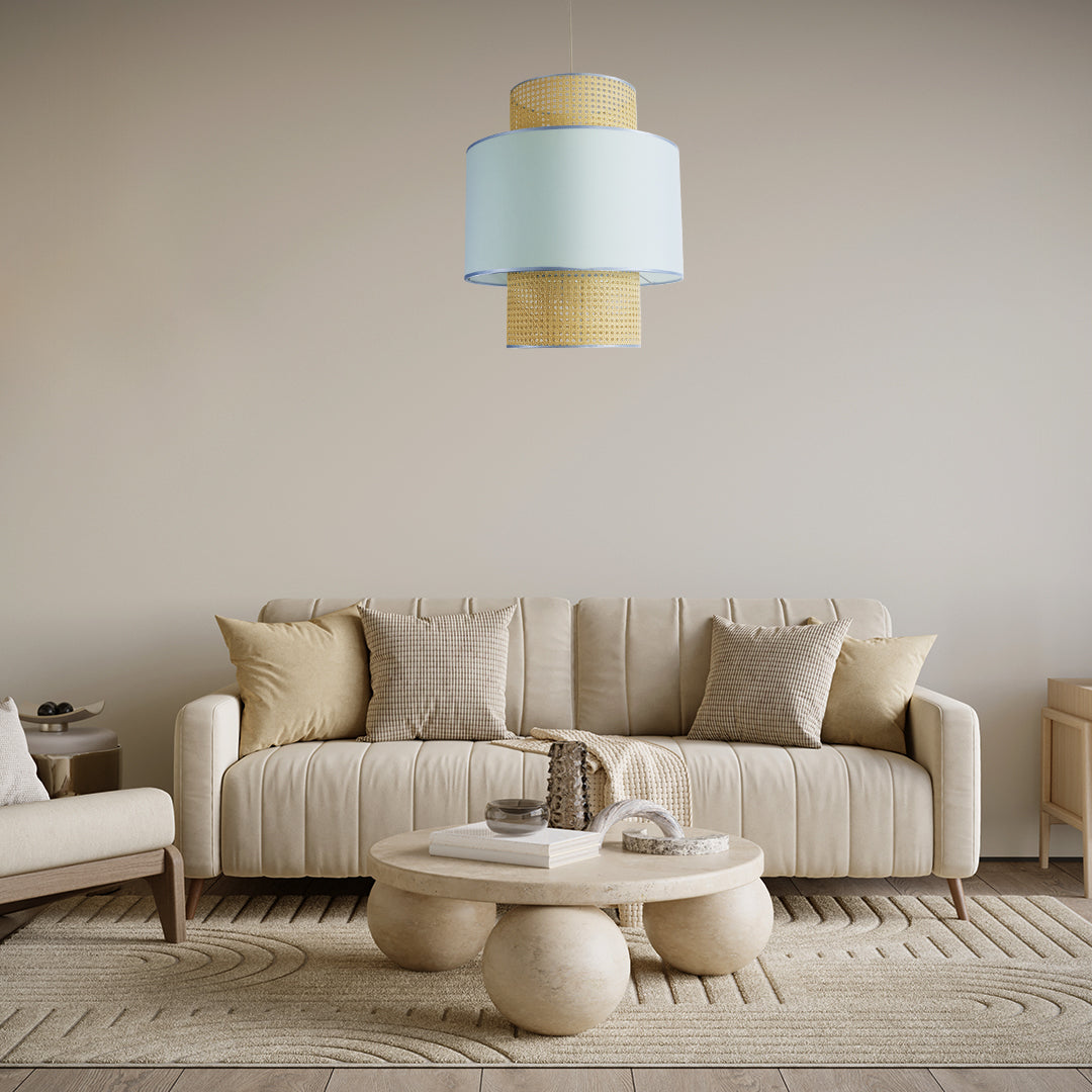 SAIGE 02045 Boho Κρεμαστό Φωτιστικό Οροφής Μονόφωτο 1 x E27 AC220-240V IP20 - Φ50 x Υ60cm - Μπεζ με Γαλάζιο Ξύλινο Μπαμπού Πλέγμα