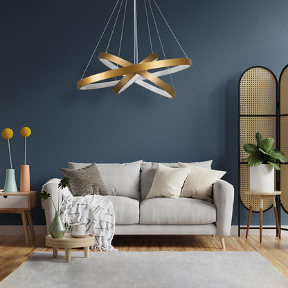 NEMESIS TRIO 61172 Μοντέρνο Κρεμαστό Φωτιστικό Οροφής LED 120W 14723lm 360° AC 220-240V IP20 Ρυθμιζόμενο Λευκό CCT με Χειριστήριο από 2700K έως 6000K Dimmable - Lumileds SMD Chip - Χρυσό Βούρτσας - Μ80 x Π80 x Υ60