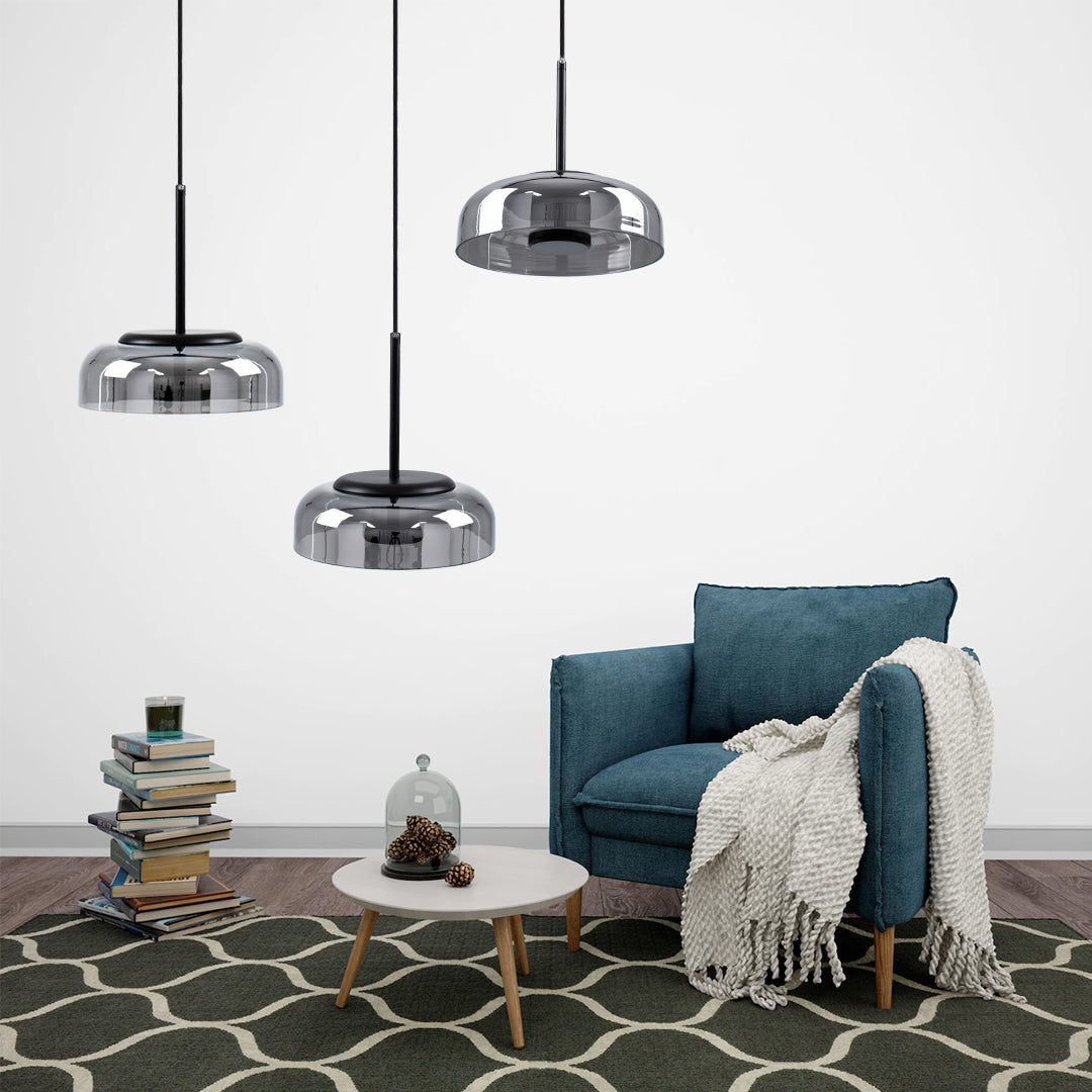 CHARLOTTE 00743 Μοντέρνο Κρεμαστό Φωτιστικό Οροφής Μονόφωτο Φιμέ Γυάλινο Μαύρο Μεταλλικό CREE LED 5W 500lm 180° AC 85-265V Θερμό Λευκό 2700K Φ23 x Υ23cm