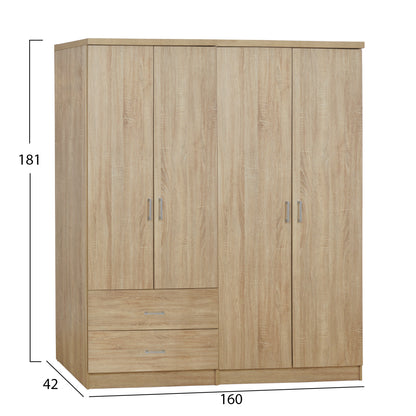 JENNA 4-DOOR WARDROBE WITH 2 DRAWERS, SONOMA MELAMINE, 160x42x181