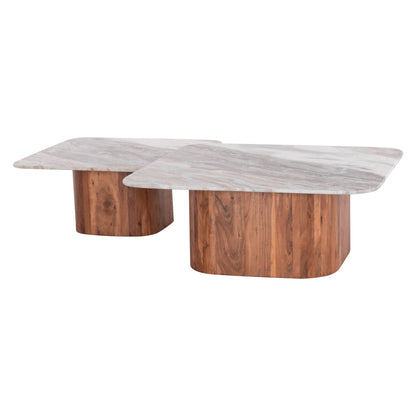 SET OF 2 COFFEE TABLES VOLTI GREY MARBLE ACACIA WOOD