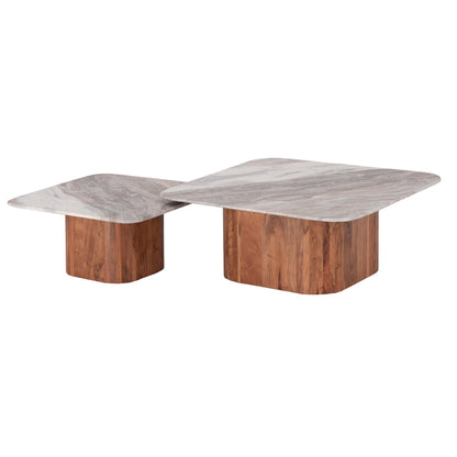 SET OF 2 COFFEE TABLES VOLTI GREY MARBLE ACACIA WOOD