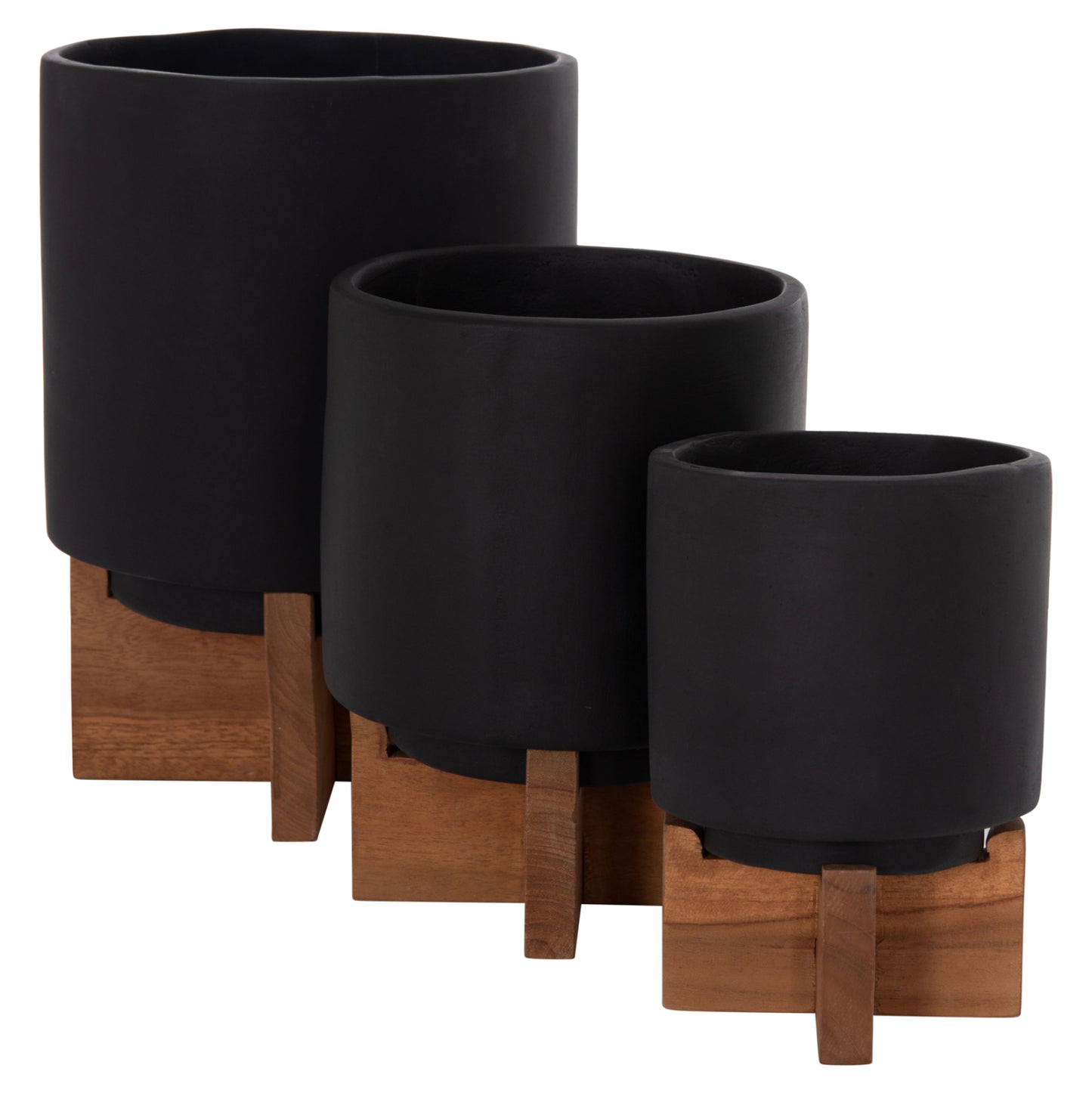 SET OF 3 POTS WITH TEAK BASES TANTI FIBER CEMENT IN BLACK