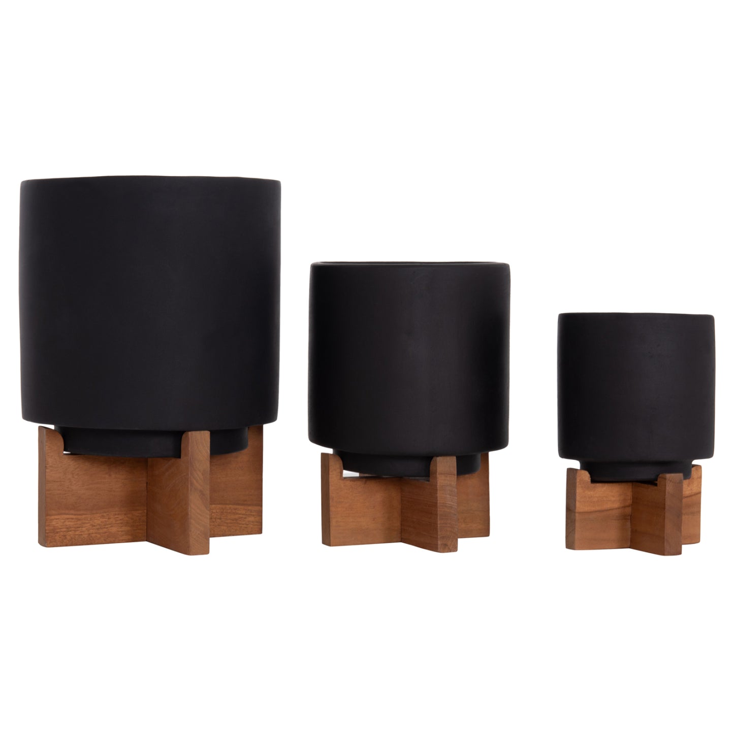 SET OF 3 POTS WITH TEAK BASES TANTI FIBER CEMENT IN BLACK